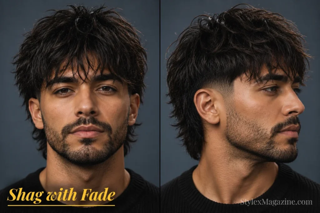 Shag haircut with fade for men featuring layered texture, feathered movement, and clean faded sides.