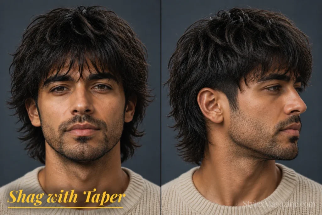 Shag haircut with taper for men featuring layered texture, tapered sides, and natural flowing movement.
