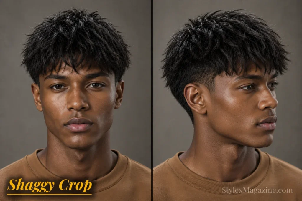Shaggy crop haircut for men featuring short layered texture, cropped fringe, and modern movement.