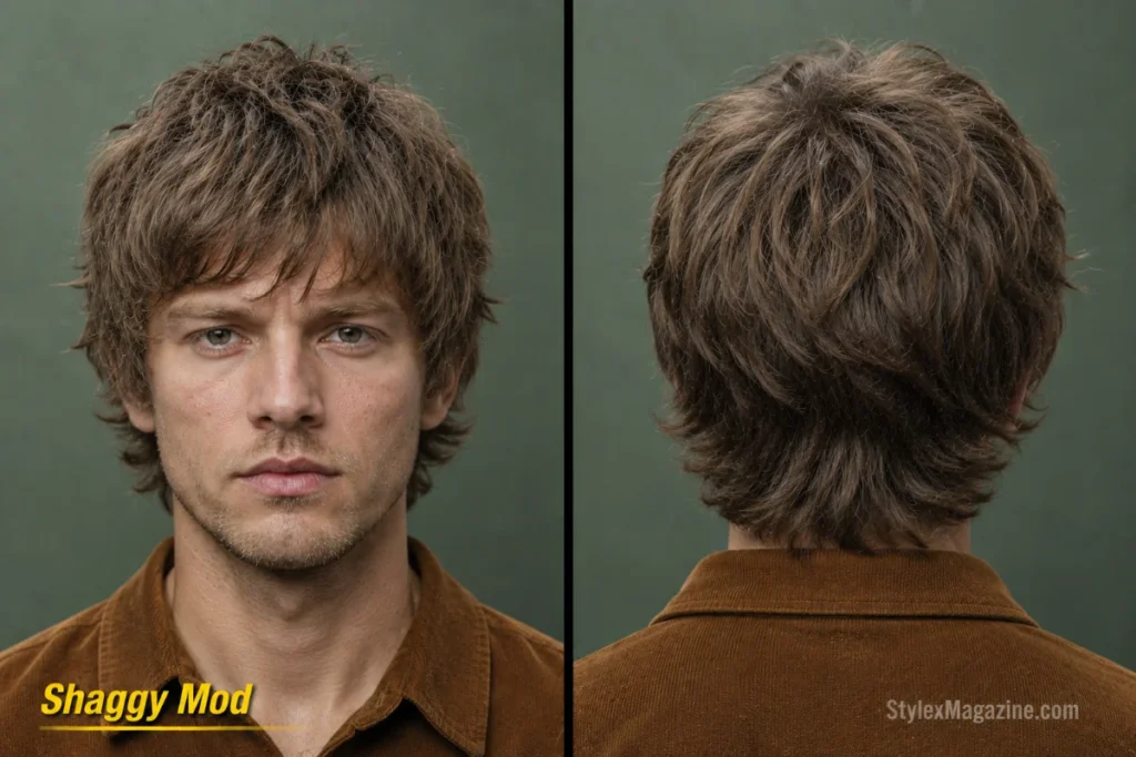 Shaggy mod haircut with longer layers, razored ends, brow-length fringe, and fuller sides.