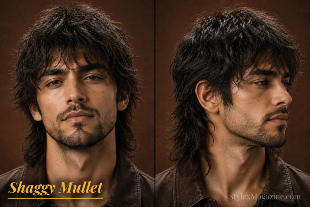 Shaggy mullet haircut for men featuring layered texture, shorter front sections, and longer back movement.