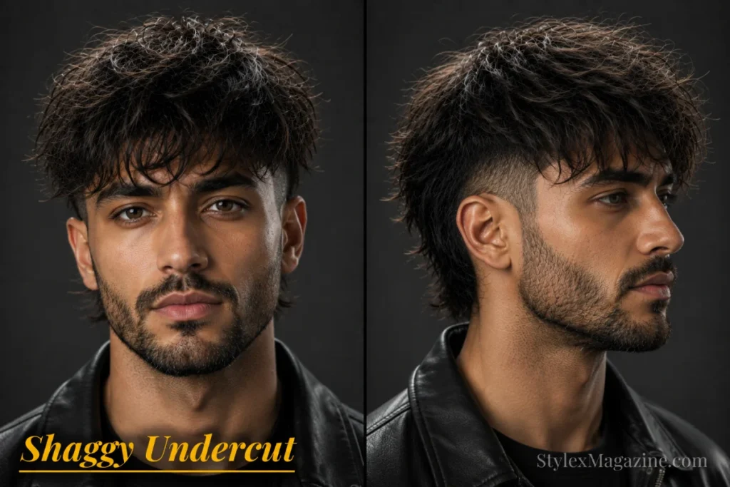 Shaggy undercut haircut for men featuring layered textured length on top with shorter disconnected sides.