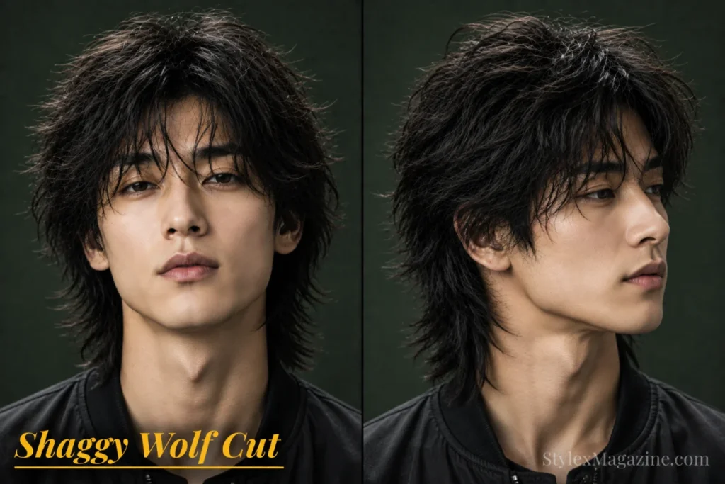 Shaggy wolf cut for men featuring heavy layers, textured crown volume, and longer tapered back sections.