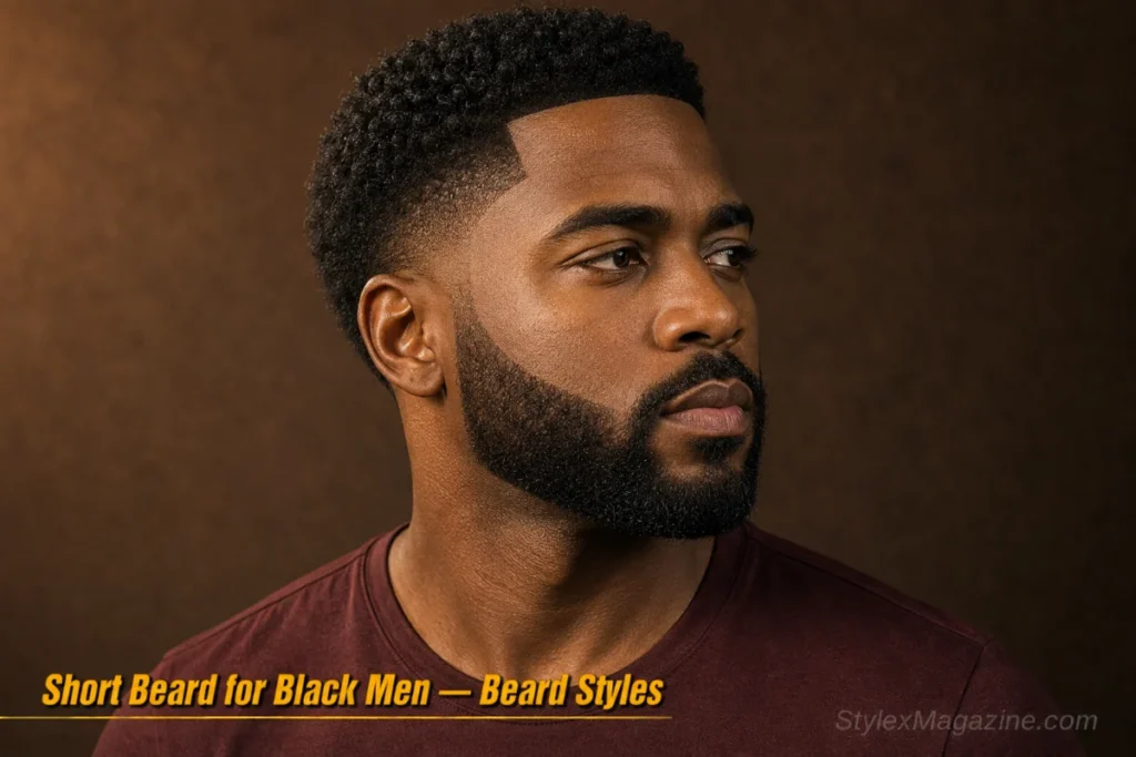 Black man with a short coily beard showing precise cheek line and sharp edge work