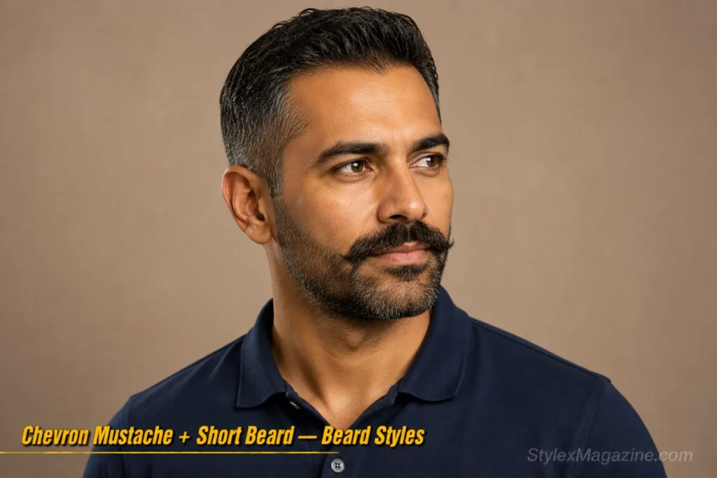 Man with a short beard and thick chevron mustache following the upper lip line