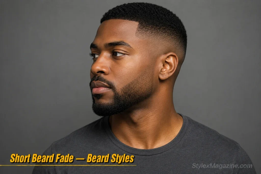 Man with a short beard fade showing a smooth gradient from the chin to the sideburn haircut