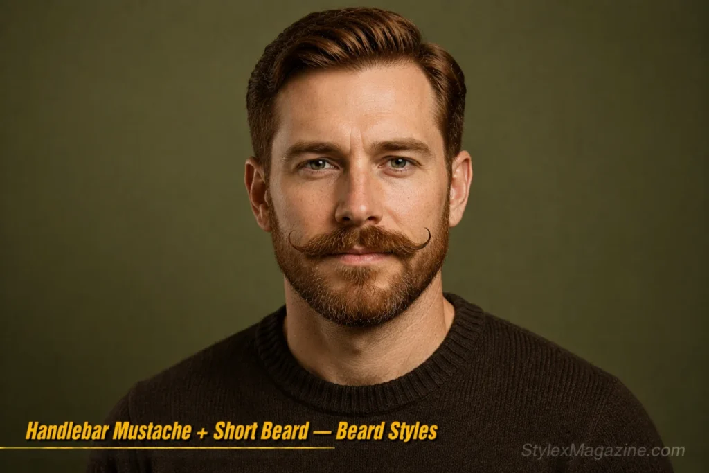 Man with a short beard and waxed handlebar mustache with curled ends