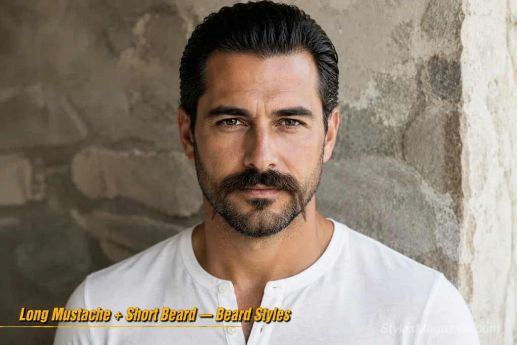 Man with a short cropped beard and a long mustache extending past the lip corners