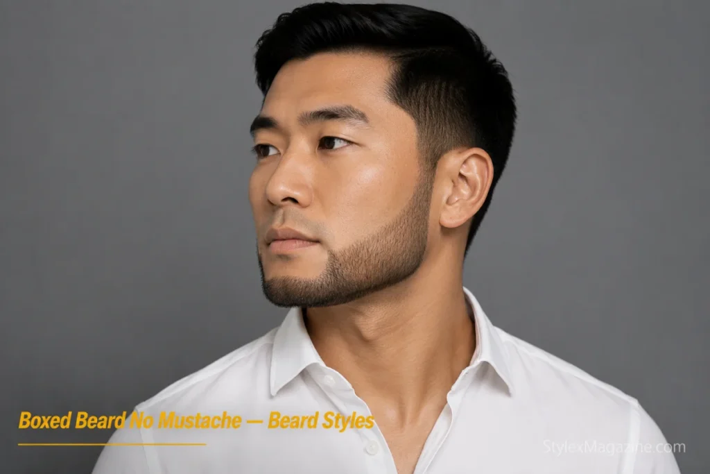 Man with a short boxed beard showing geometric edges and clean-shaven upper lip