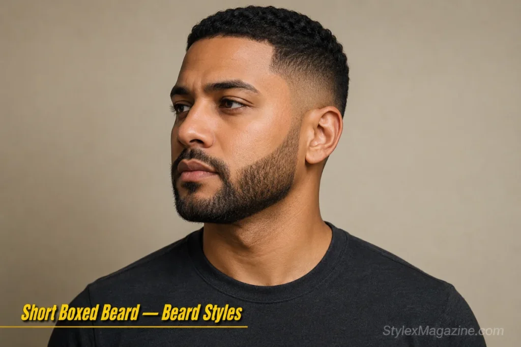 Man with a short boxed beard showing clean cheek line and defined neckline at 15mm length