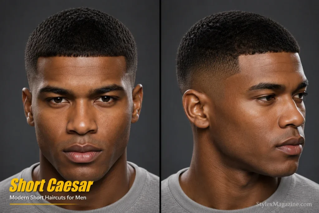 Short Caesar haircut for men featuring a close cropped top, compact forward fringe, and precise barber detailing.
