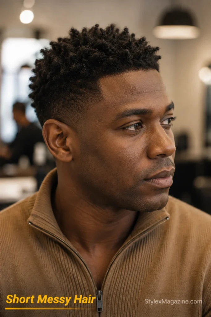 Short messy haircut for men with uneven choppy layers and softly blended shorter sides.