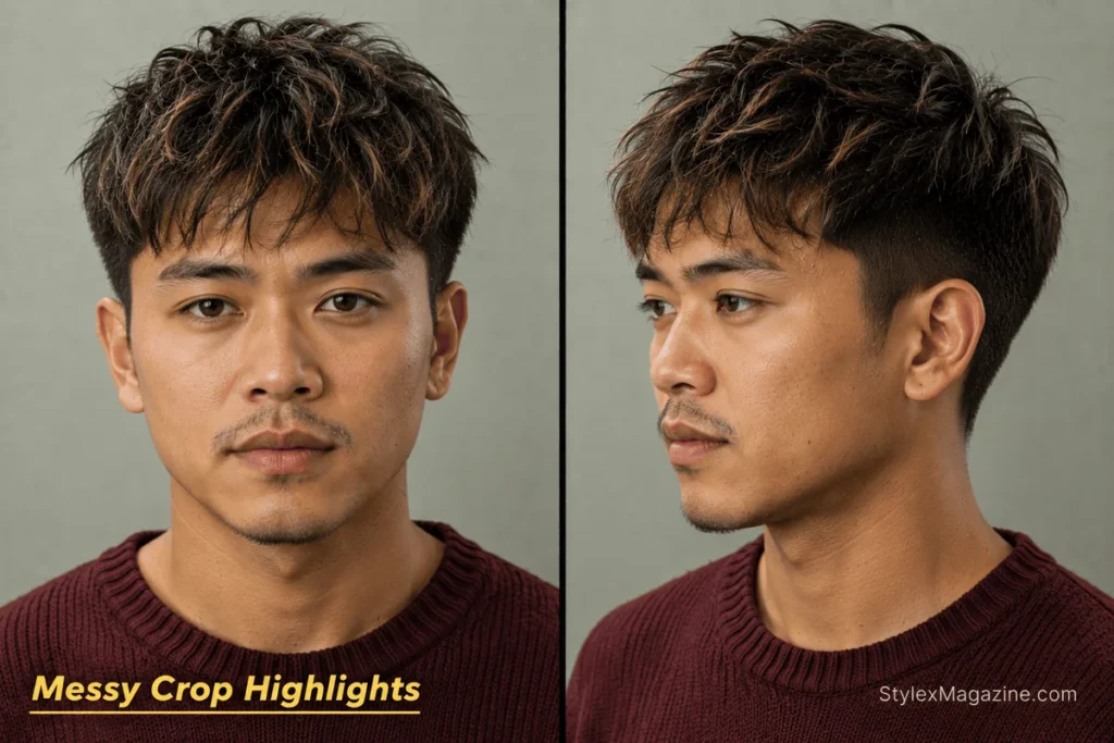Short messy surfer crop for men with a two-to-three-inch piecey top and subtle caramel highlights.