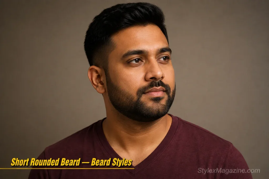 Man with a short rounded beard showing soft curved edges and a natural silhouette at 12mm