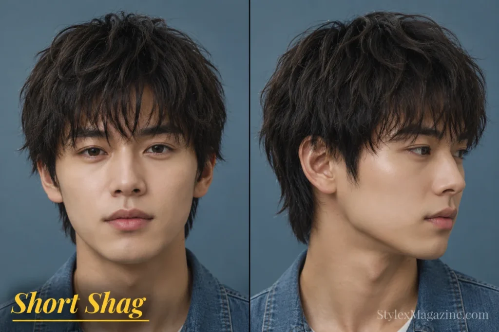 Short shag haircut for men featuring cropped layers, textured fringe, and natural lightweight movement.