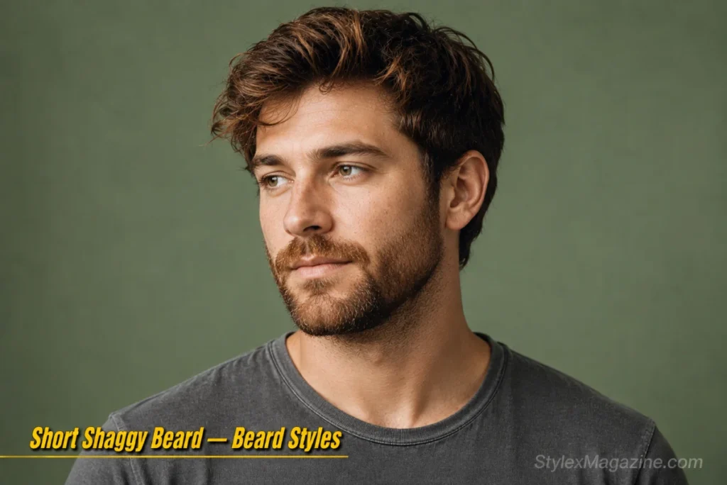 Man with a short shaggy beard showing natural textured growth and a relaxed neckline