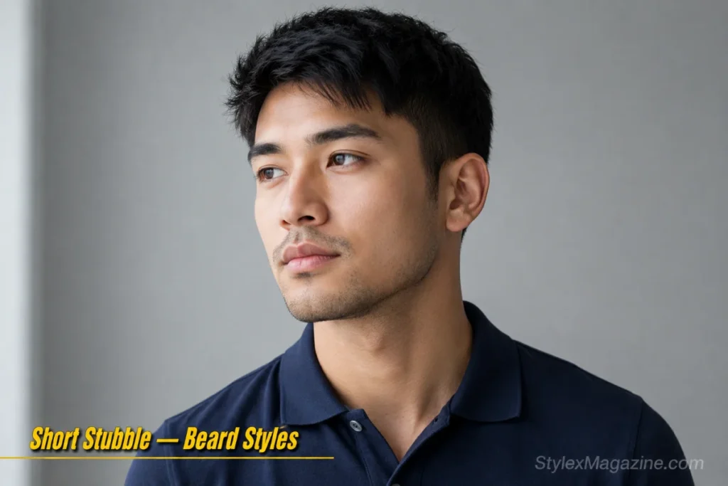 Man with short stubble at 2mm showing a minimal three-day beard with clean neckline