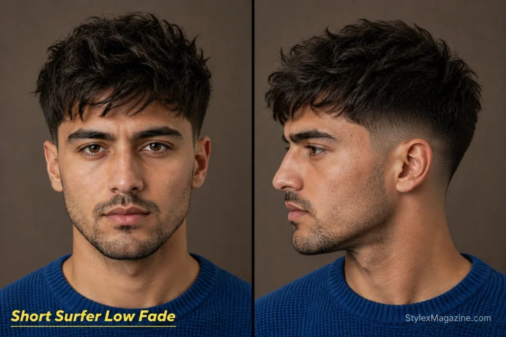 Short surfer haircut for men with a clean low fade and a tousled three-to-four-inch textured top.