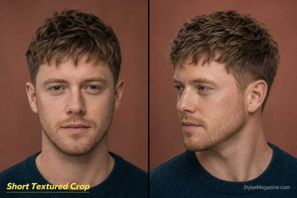 Short textured surfer crop for men with a choppy three-to-four-inch top, softly tapered sides and a matte beach finish