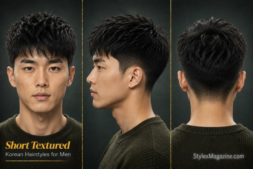 Short textured Korean hairstyle for men featuring a choppy layered top, clean tapered sides, and a naturally effortless finish.