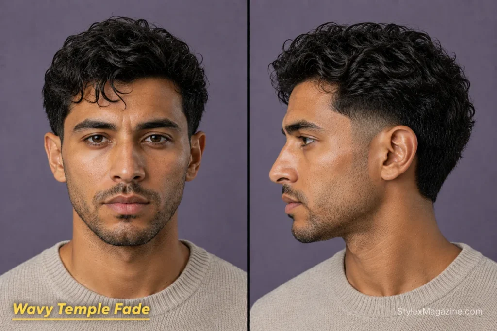Short wavy surfer haircut for men with a precise temple fade and three-to-four-inch textured top.