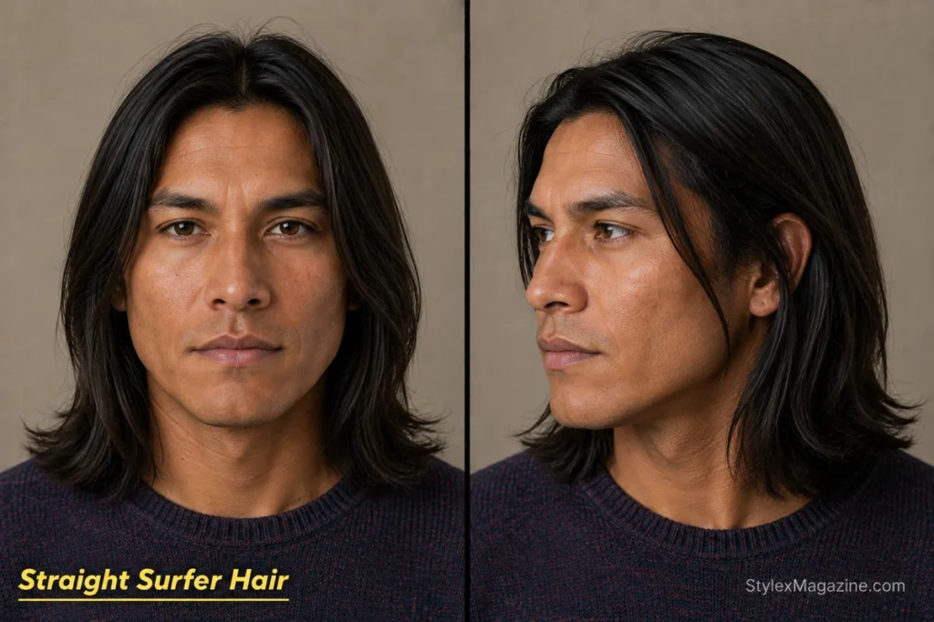 Shoulder-length straight surfer hair for men with jaw-starting face-framing layers and point-cut ends.