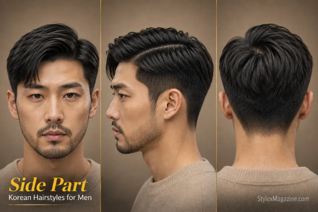 Korean side part haircut for men featuring a clean side division, textured top, and tapered sides with natural volume.