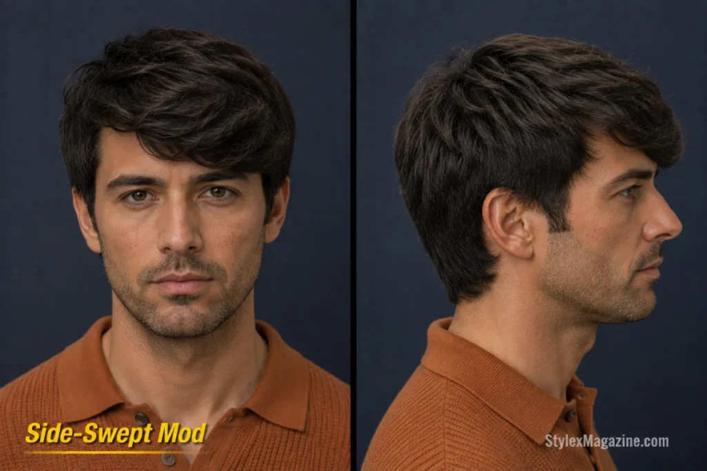 Side-swept mod haircut with three-inch top, asymmetric fringe, and rounded scissor-cut sides.