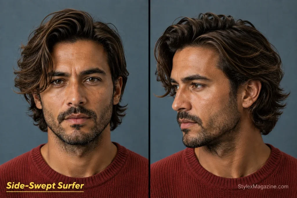 Side-swept surfer hair for men with a loose off-centre part, lifted roots and medium wavy texture.