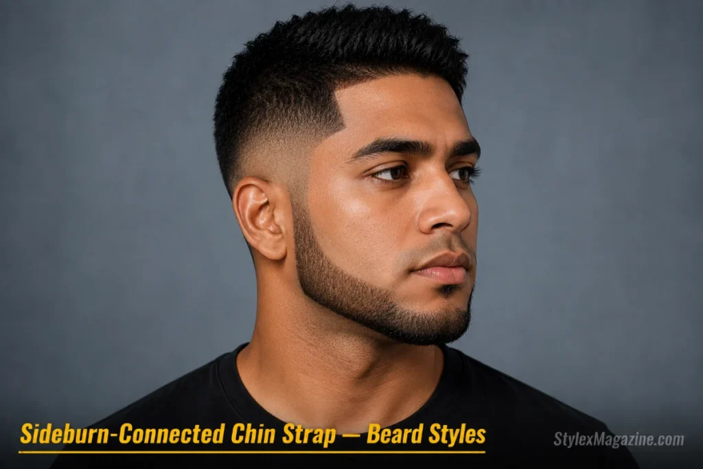Man with a sideburn-connected chin strap where the strap runs up through the sideburns and connects to the hairline