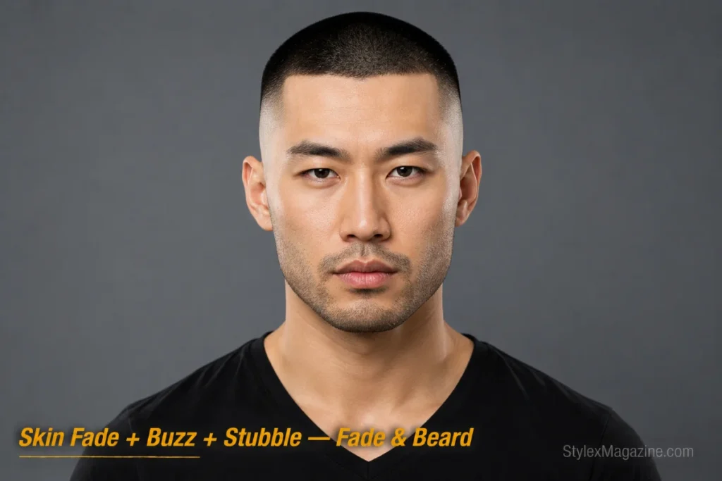 Man with a buzz cut and skin fade paired with heavy stubble