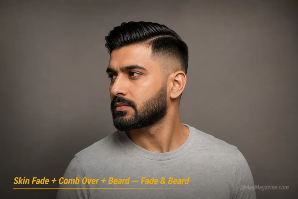 Man with a comb over and skin fade paired with a medium beard 