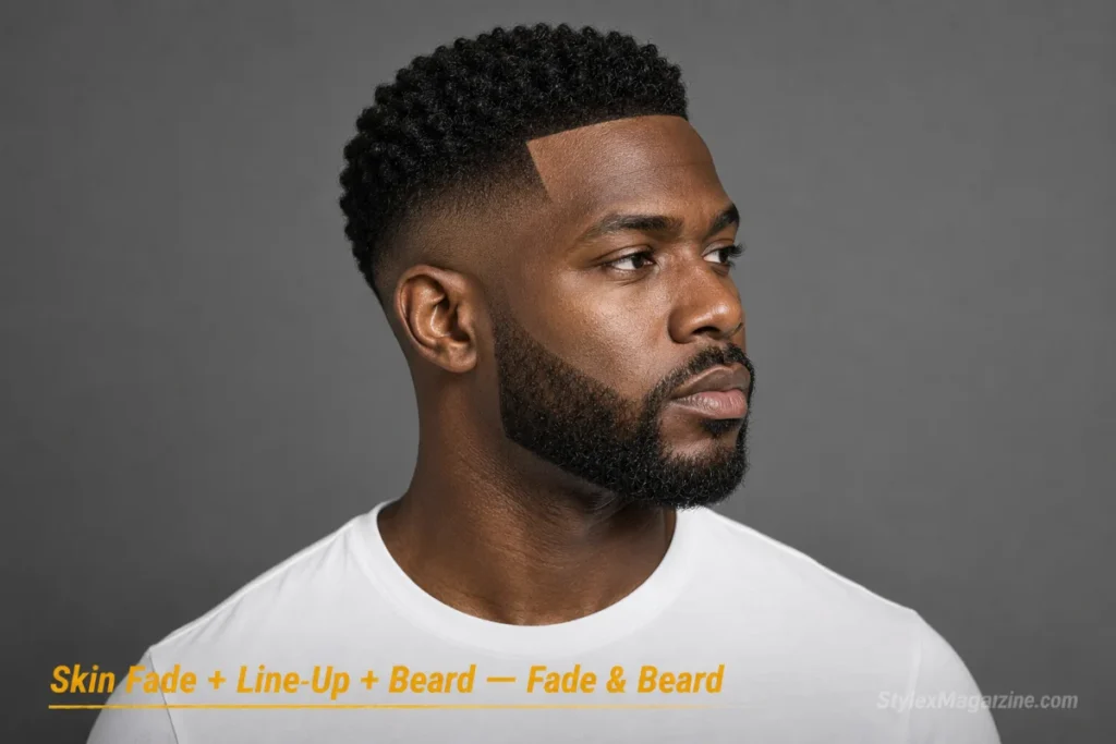 Black man with a skin fade and line-up paired with a short coily beard