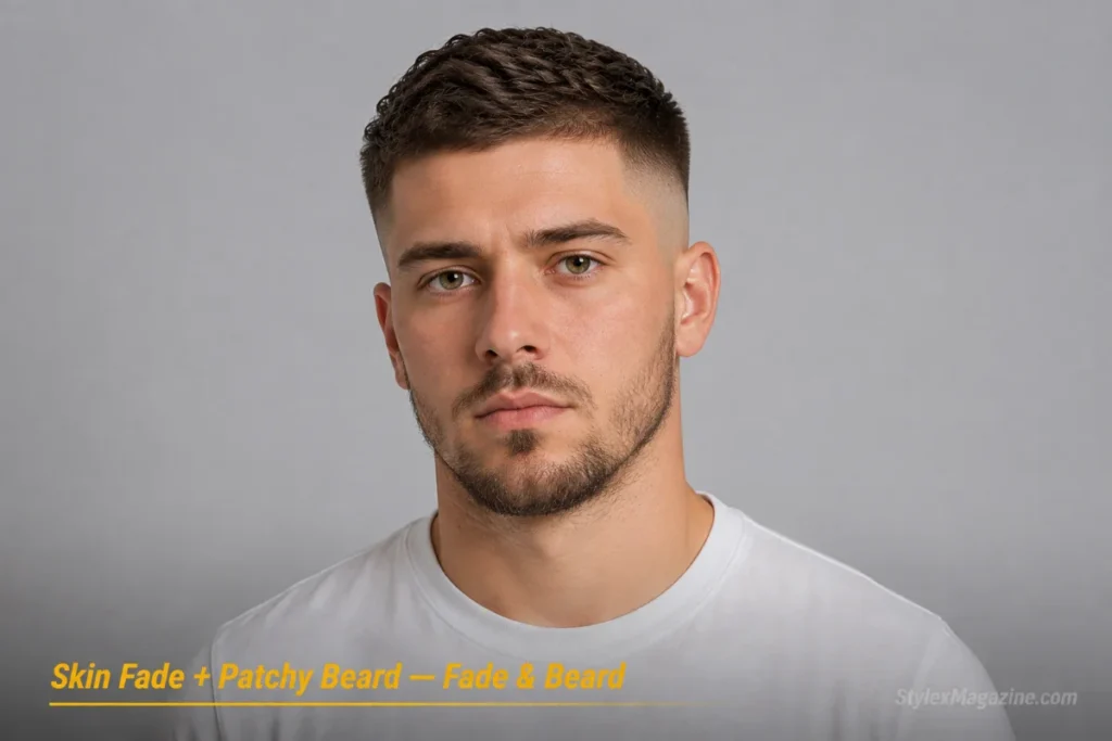 Man with short hair and skin fade paired with a patchy beard focused on the chin