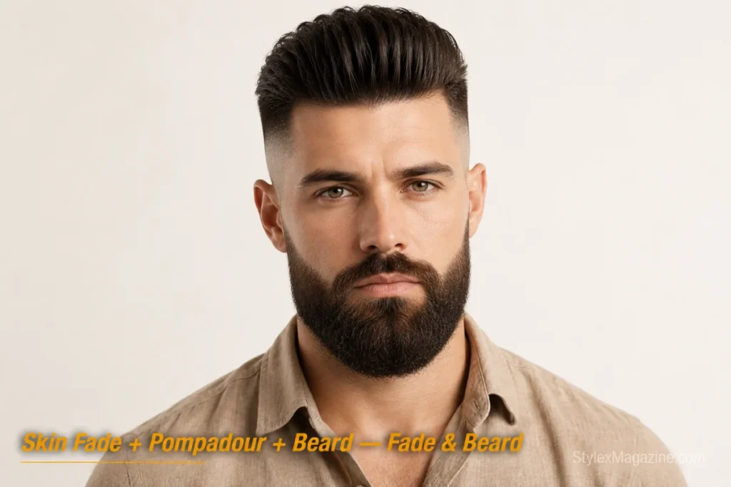  Man with a pompadour and skin fade paired with a full beard 