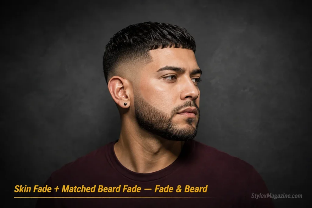 Man with a textured crop and skin fade paired with a matched faded beard