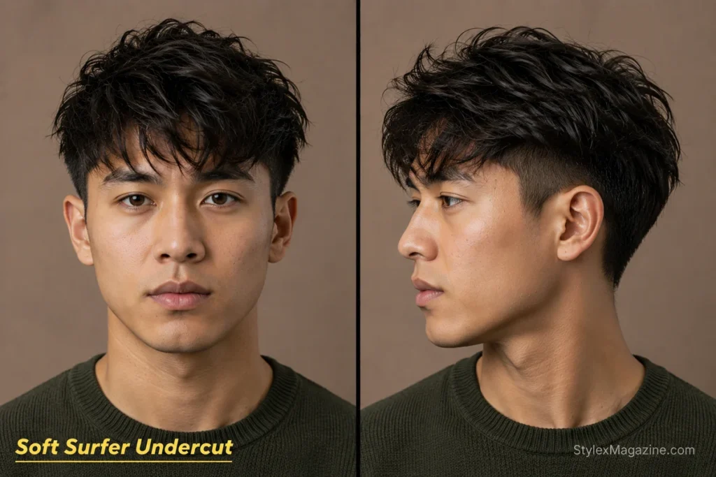 Soft surfer undercut for men with blended shorter sides and a longer point-cut tousled top.