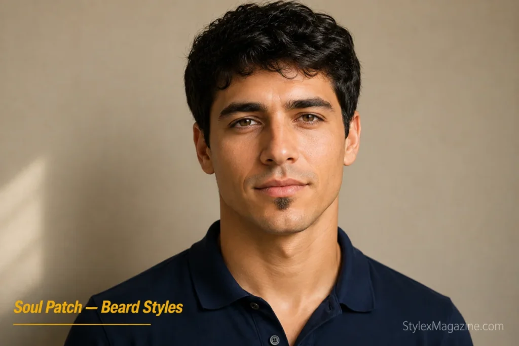 Man with a small soul patch below the lower lip and completely clean-shaven face