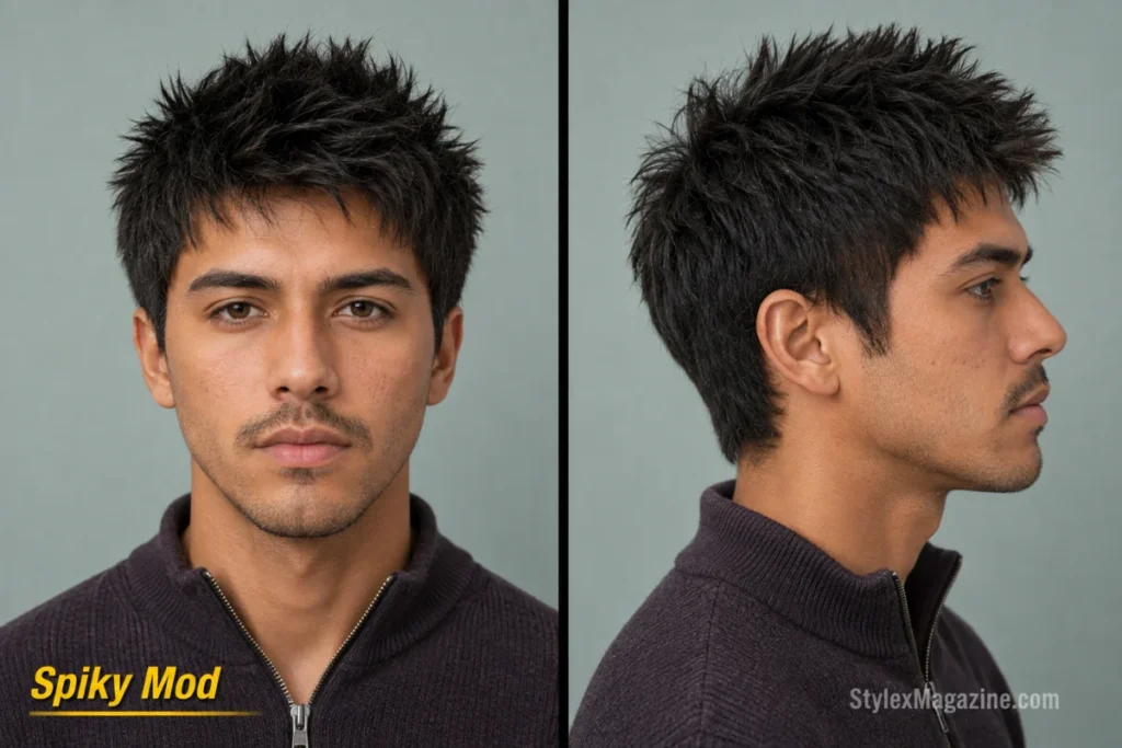 Spiky mod haircut with short choppy layers, lifted fringe tips, and full scissor-cut sides.