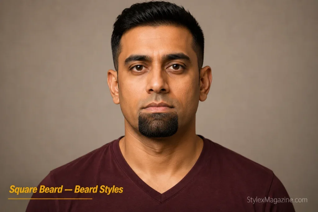 Man with a square beard showing squared-off chin edges with no mustache and clean cheeks