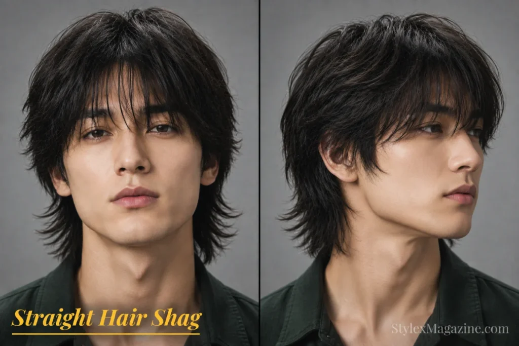 Straight hair shag haircut for men featuring layered straight hair, textured ends, and natural movement.