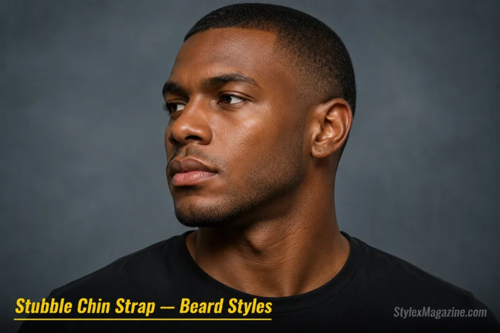 Man with a stubble chin strap showing heavy stubble along the jawline with soft edges and clean cheeks