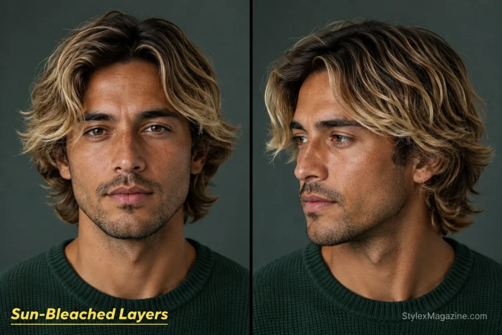 Sun-bleached surfer layers for men with darker roots, sandy blonde face-framing pieces and naturally lightened ends.