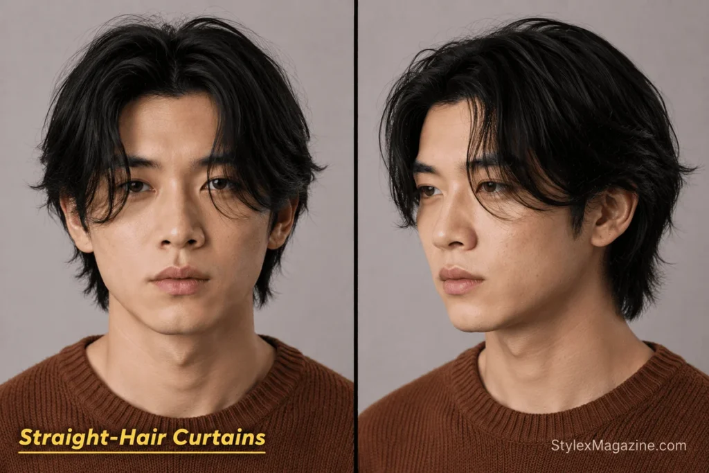 Surfer curtains for men with straight fine hair, a loose centre part and subtle braid-created wave texture.