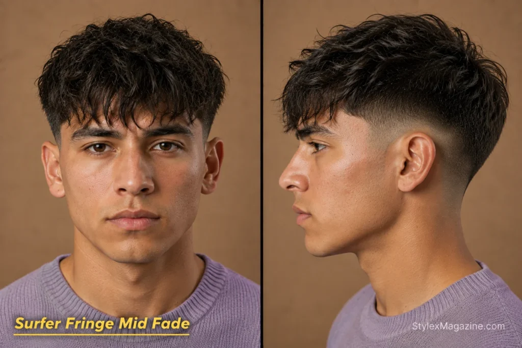 Surfer fringe haircut for men with a textured four-to-five-inch top and a clean mid skin fade.