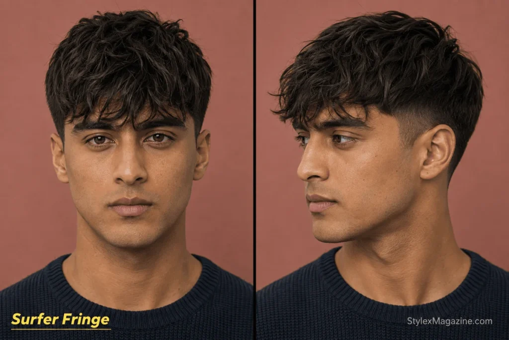 Dark surfer fringe haircut for men with a four-to-five-inch broken fringe and softly tapered sides.