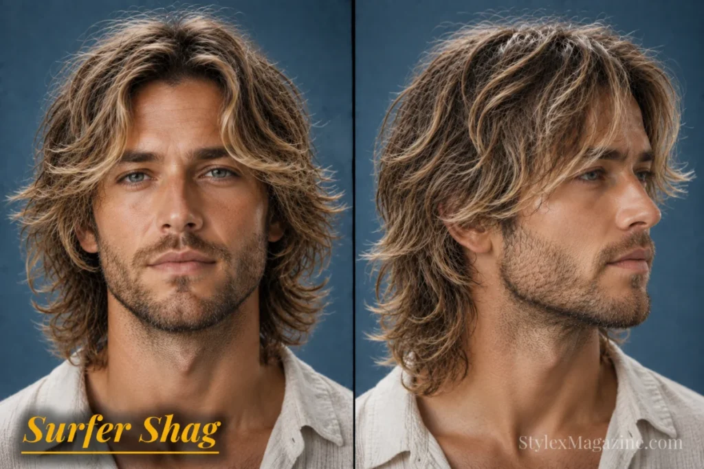 Surfer shag haircut for men featuring long layered waves, relaxed texture, and beach-inspired movement.