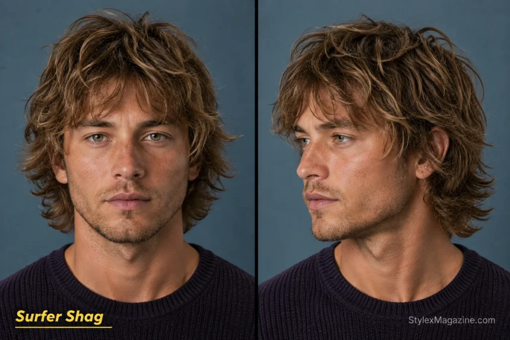 Surfer shag hybrid for men with high crown layers, feathered texture and a slightly longer back.