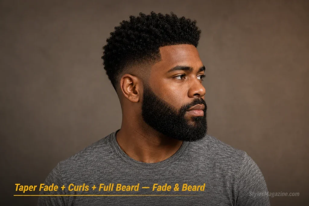 Man with natural curls and taper fade blending into a full beard