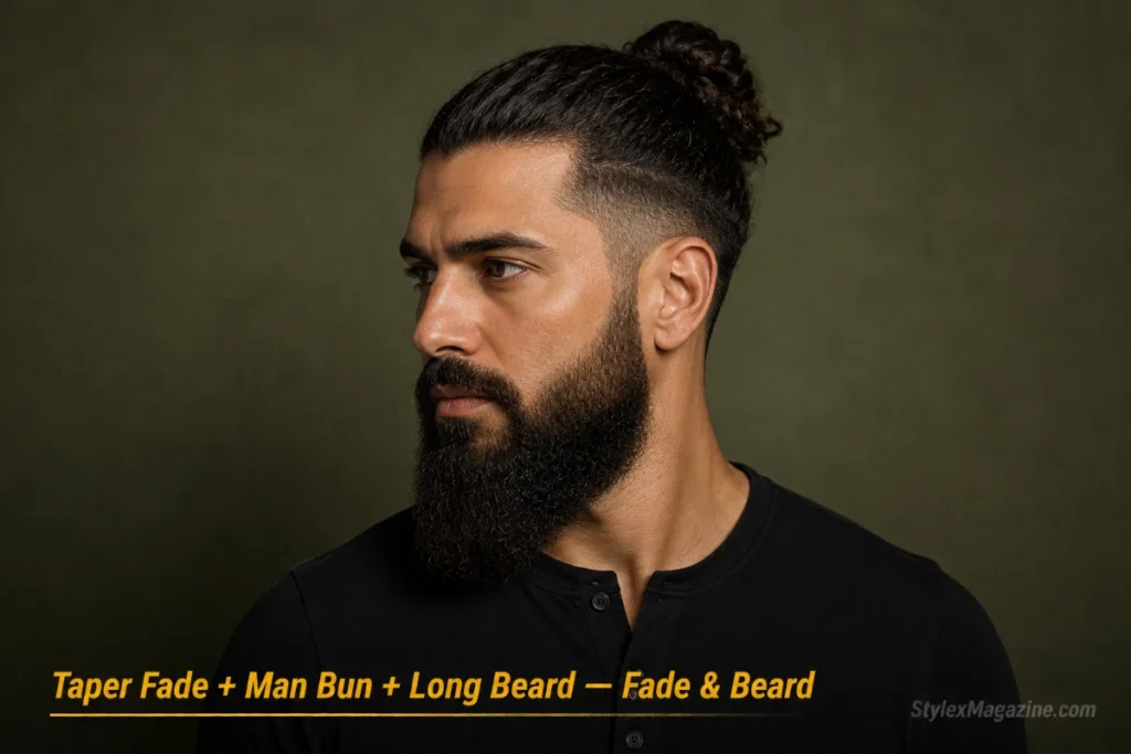 Man with a man bun and taper fade paired with a long beard